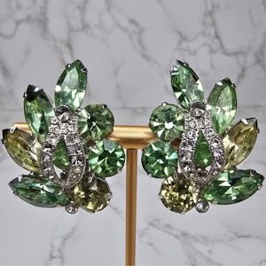Vintage Eisenberg Green Rhinestone Clip On Earrings Statement Jewelry READ
